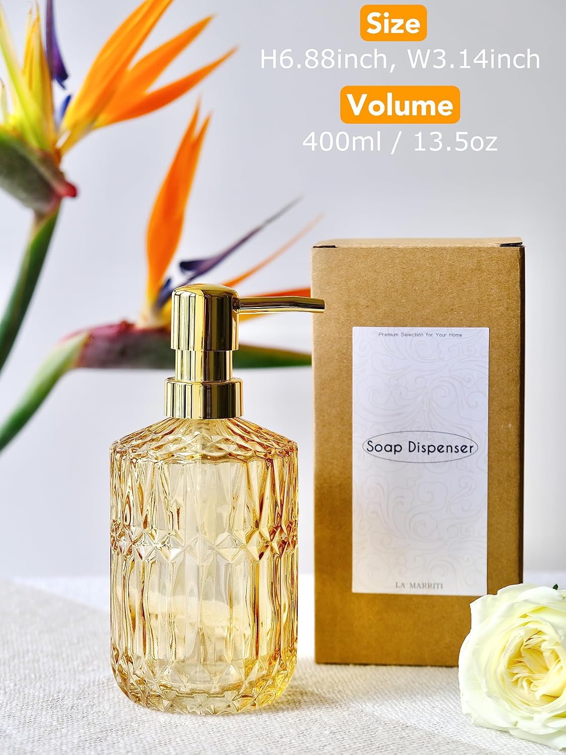 LaMarriti Clear Glass Soap Dispenser with Gold Rust Proof Pump, Refillable Thick Glass Kitchen Soap Dispenser, Lotion Dispenser Bathroom for Hands Soap, Dish Soap, Body Wash (Yellow Gold