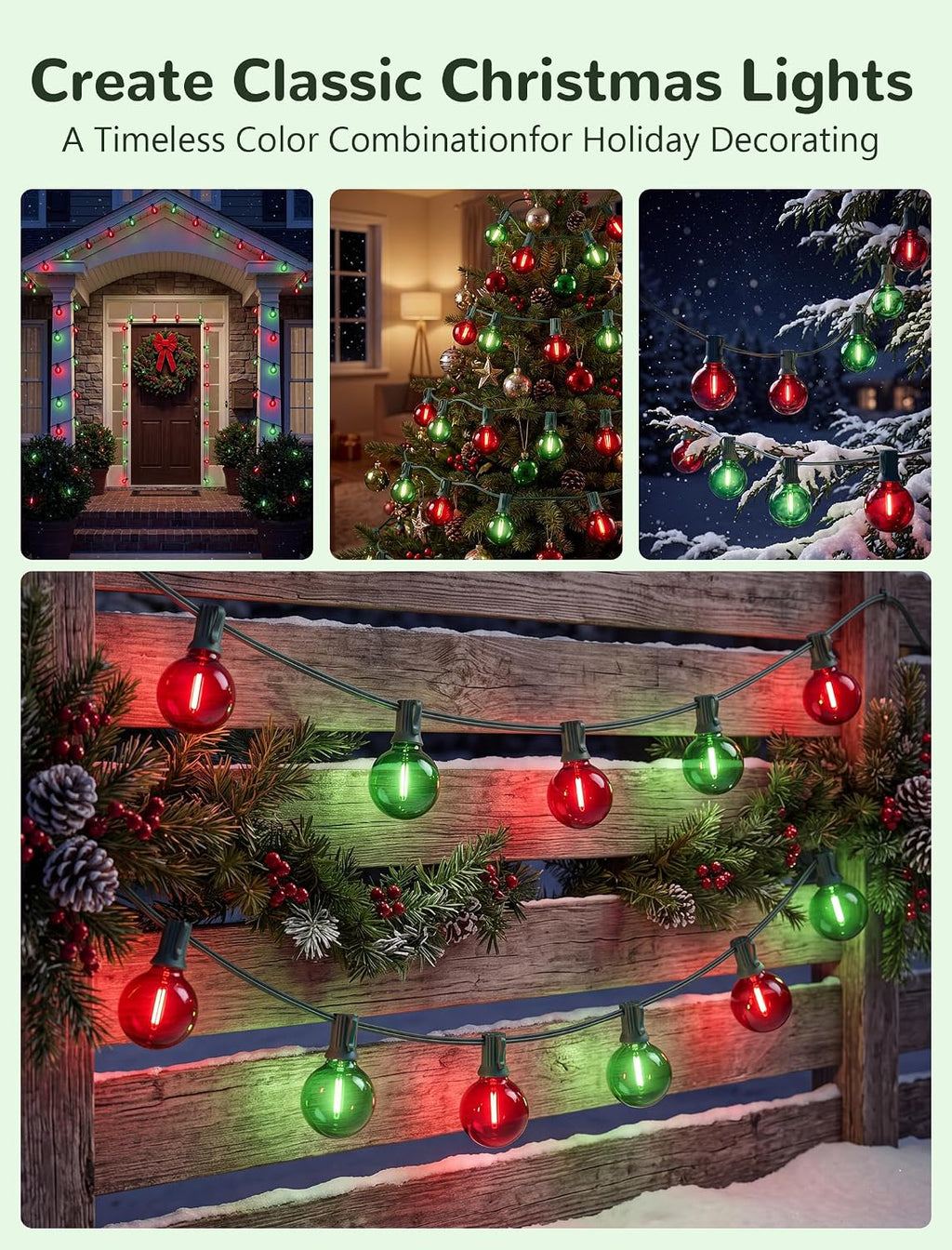 25Ft G40 LED Red Green Outdoor String Lights, 27 Shatterproof Globe Bulbs