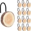 Sunlit Farmhouse Wooden Slices Shower Curtain Hooks, Rustic Home Decorative Shower Curtain Rings with Black Hooks for Bathroom, Resin Shower Curtain Hangers Bathroom Accessories, Set of 12, Brown