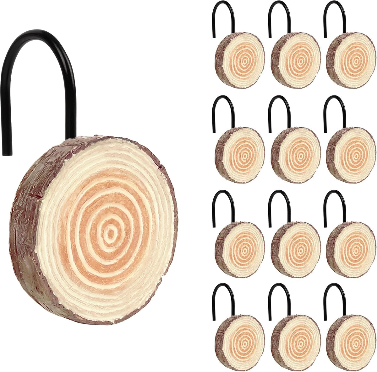 Sunlit Farmhouse Wooden Slices Shower Curtain Hooks, Rustic Home Decorative Shower Curtain Rings with Black Hooks for Bathroom, Resin Shower Curtain Hangers Bathroom Accessories, Set of 12, Brown