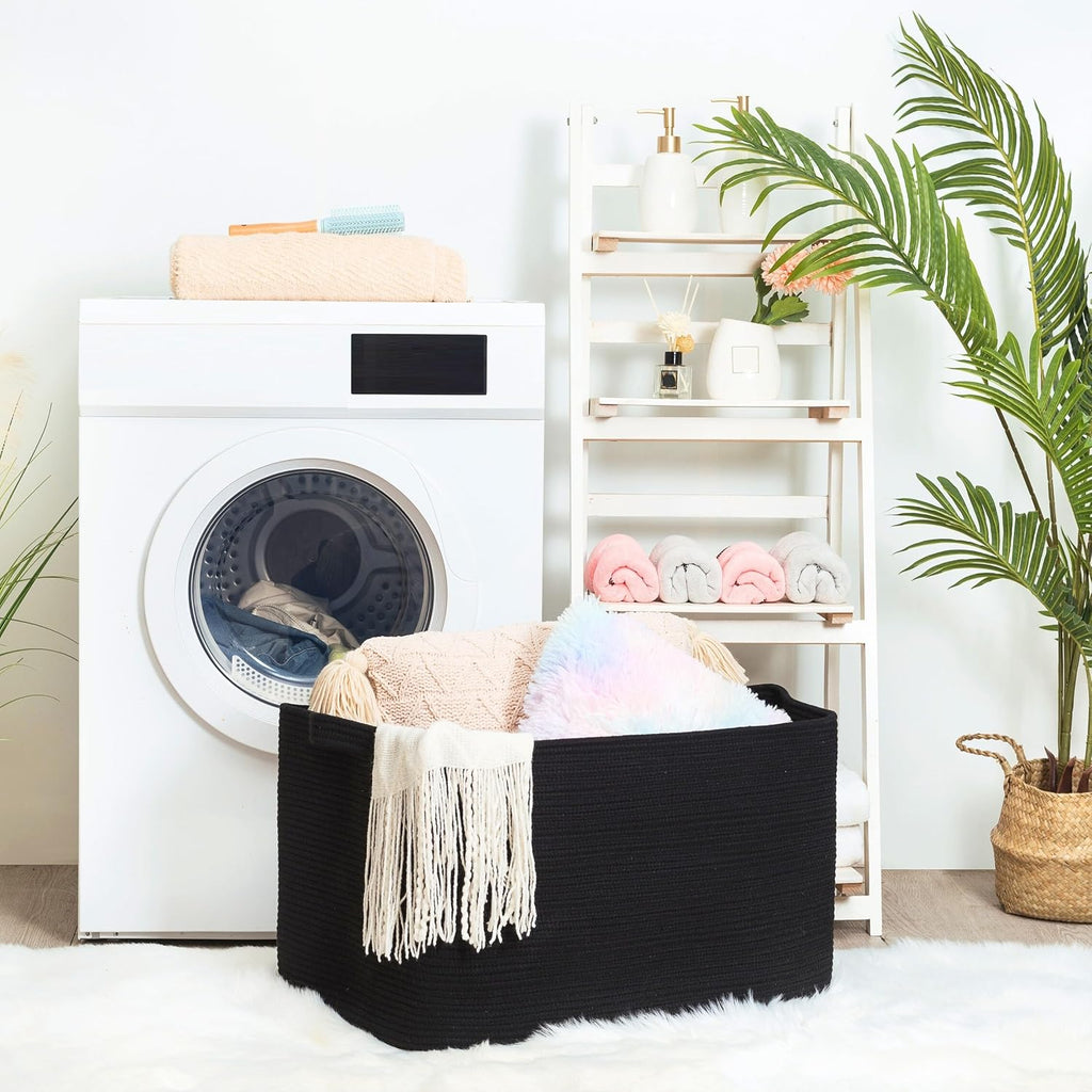 MINTWOOD Design 22in Extra Large Blanket Basket Holder Living Room, Rectangle Rope Woven Storage Basket with Handles for Laundry, Pool Towels, and Shoes, Dog Toy Organizer Bin Box, Full Black