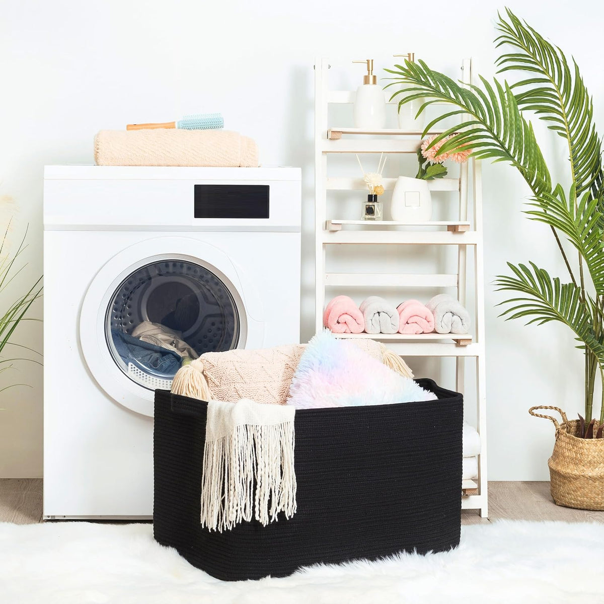 MINTWOOD Design 22in Extra Large Blanket Basket Holder Living Room, Rectangle Rope Woven Storage Basket with Handles for Laundry, Pool Towels, and Shoes, Dog Toy Organizer Bin Box, Full Black