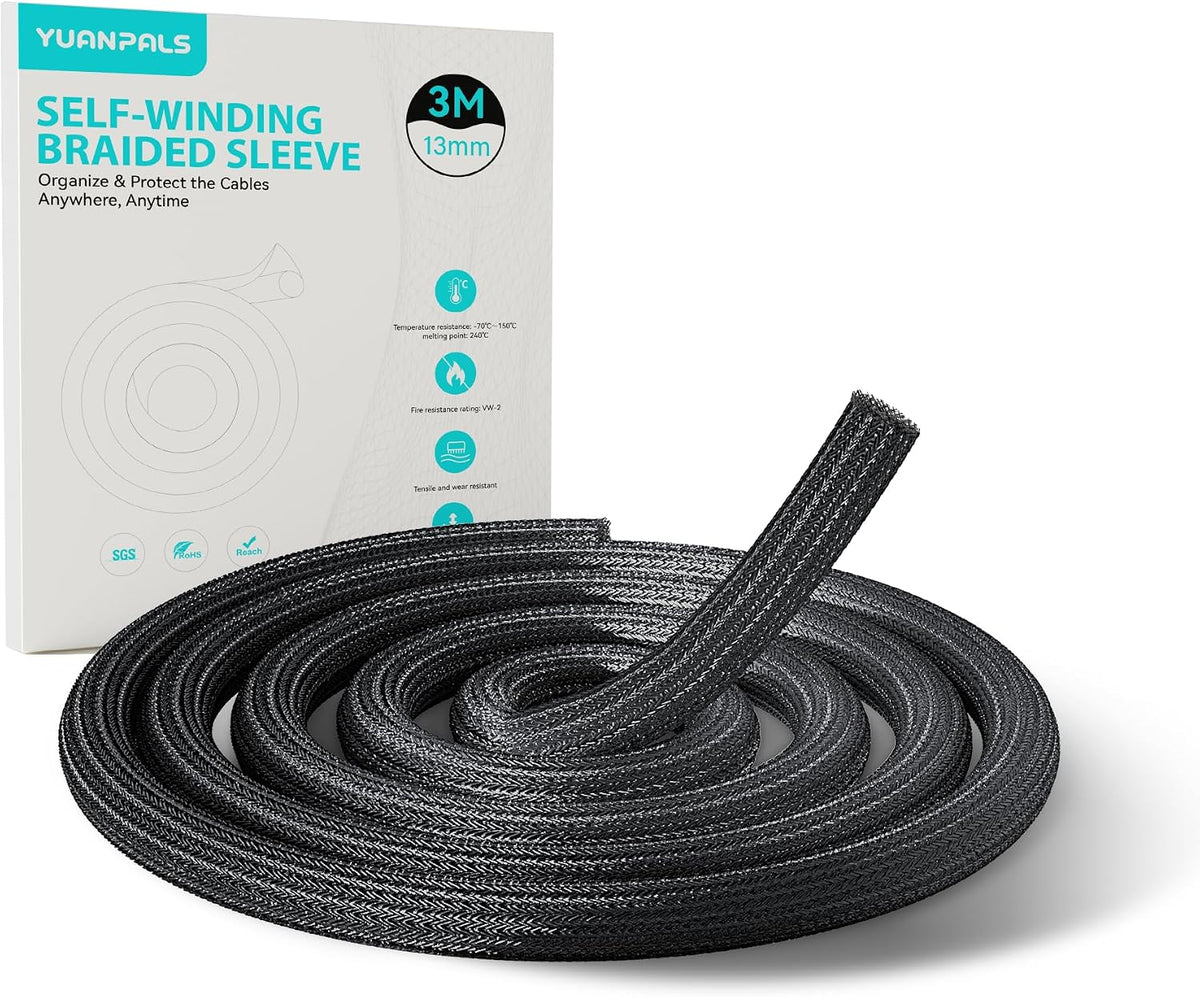 Self-Wrapping Braided Cable Sleeve, 13mm(0.51") Diameter 3M(9.84ft) Cable Management Tube, PET Wire Tidy Organiser for PC TV Home Office, Black