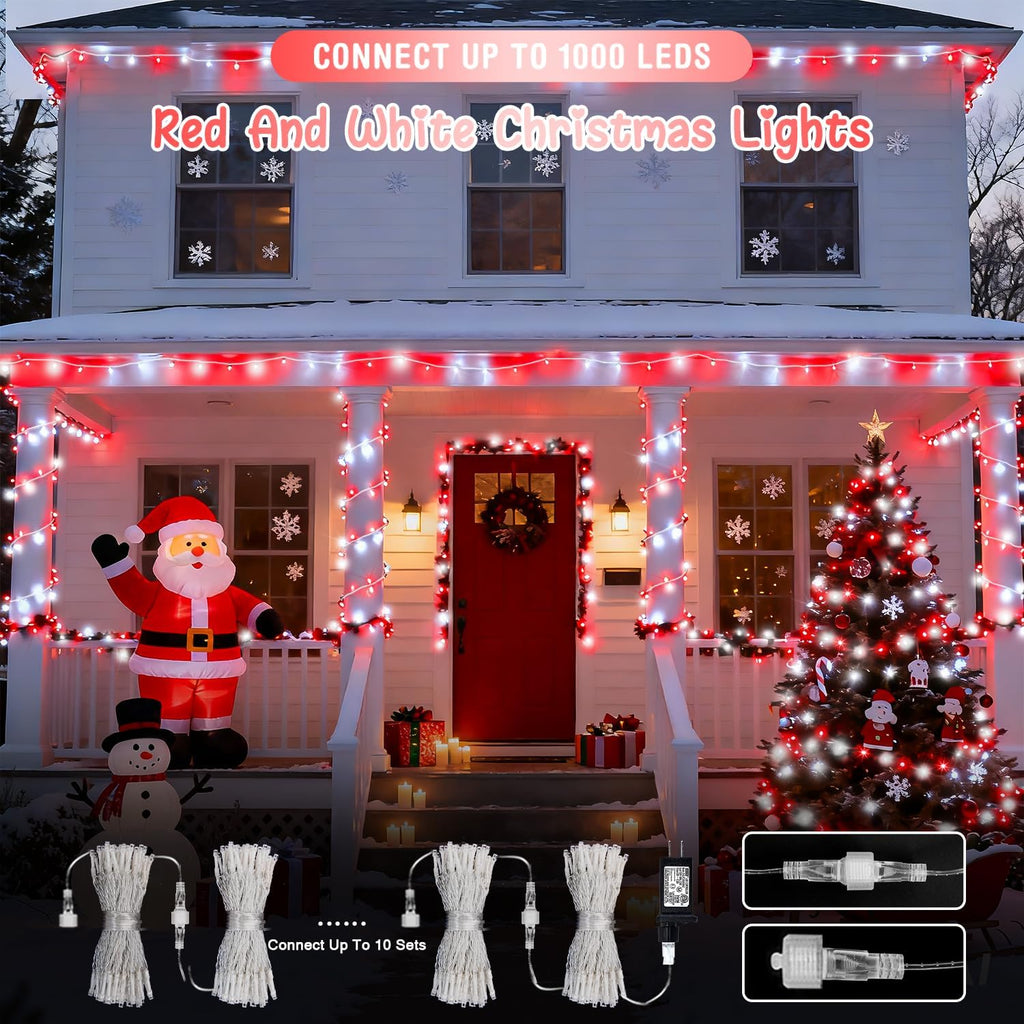 JMEXSUSS 2 Pack 100 LED Red and White Christmas Lights Outdoor, Each 33FT