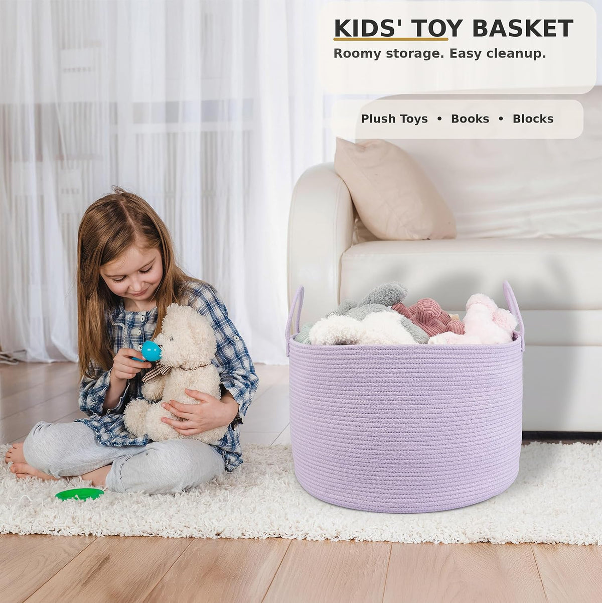 XUANGUO 66L Large Blanket Basket, Round Cotton Rope Basket, Purple