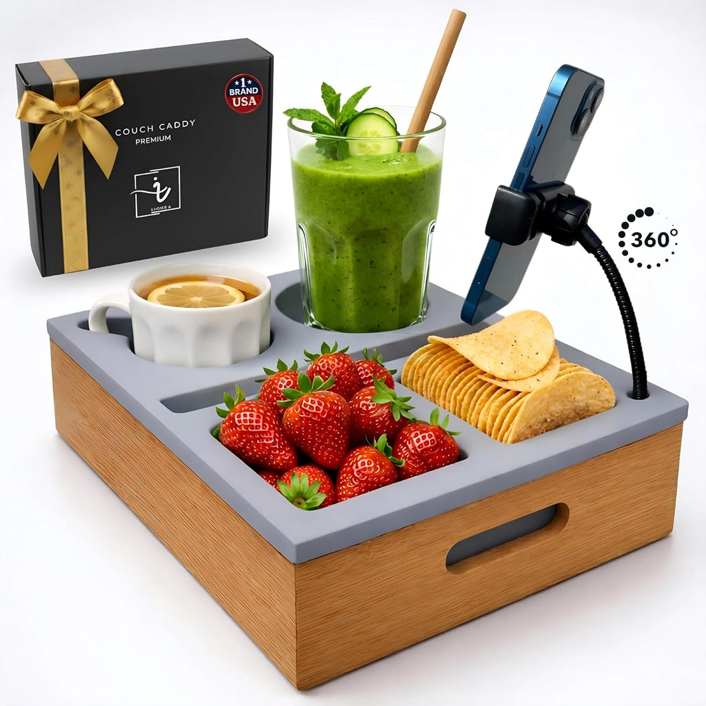 Couch Caddy with Cup Holder | Wood Couch Cup Holder Tray for Drinks, Snacks & Remotes | Sofa Couch Organizer with Phone & Cup Holder Tray (Grey)