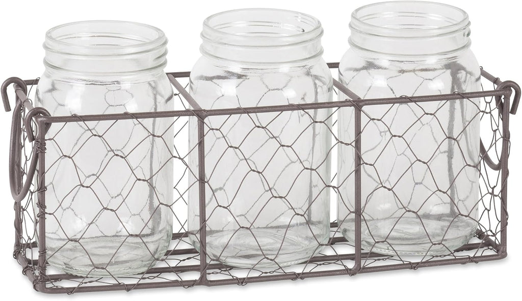 DII Farmhouse Utensil Caddy with 3 Glass Jars, Rustic Bronze Chicken Wire