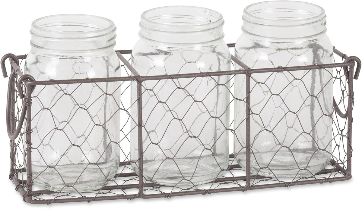 DII Farmhouse Utensil Caddy with 3 Glass Jars, Rustic Bronze Chicken Wire