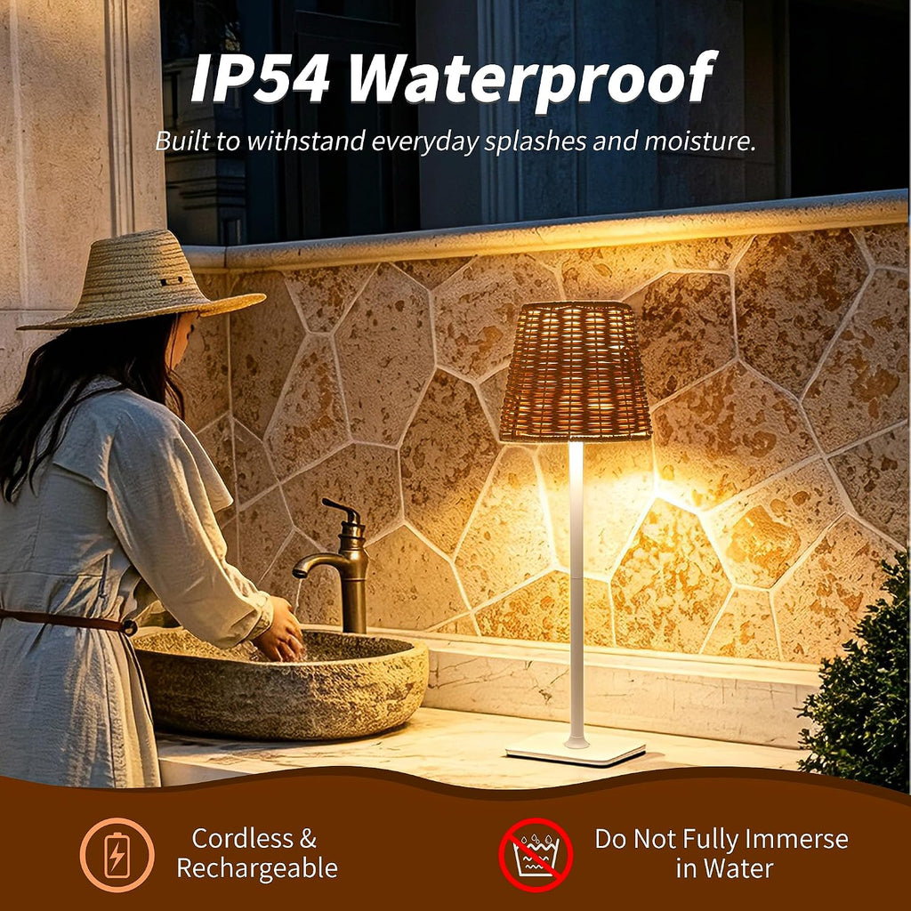 Mr. White Outdoor Waterproof Cordless Set of 2 Rechargeable Portable Top Touch Battery Operated Powered LED Table Lamp with Rattan lampshade for Restaurant Kitchen Patio Dinner Dining (White 2 Pack)