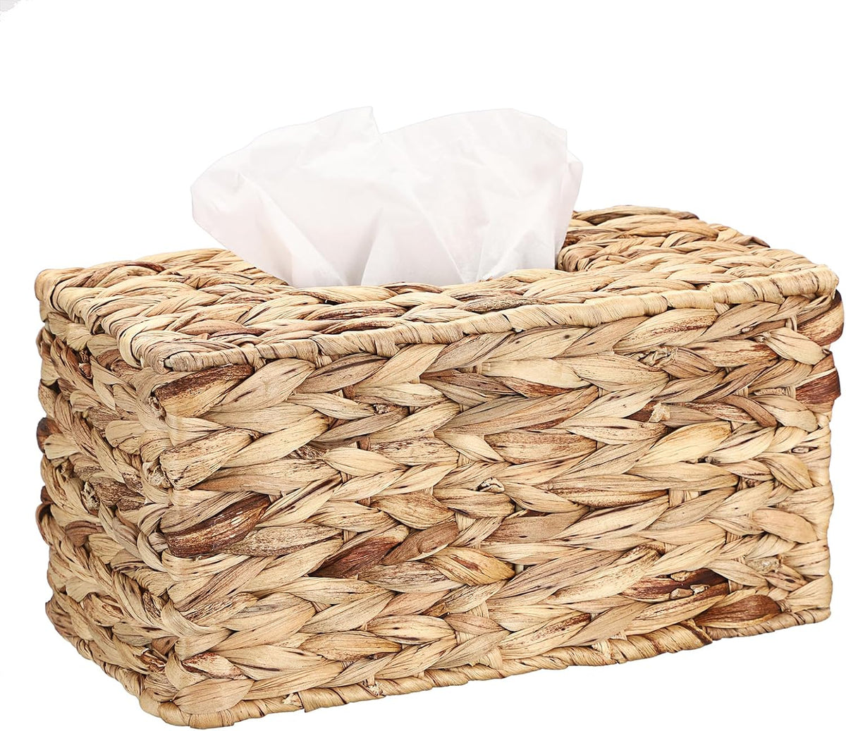 Sumnacon Rectangular Tissue Box Cover, Water Hyacinth Wicker Tissue Holder, Farmhouse Rustic Woven Tissue Dispenser with Open Bottom for Bathroom Kitchen Counter Toilet Desk Office Car, Natural (L)