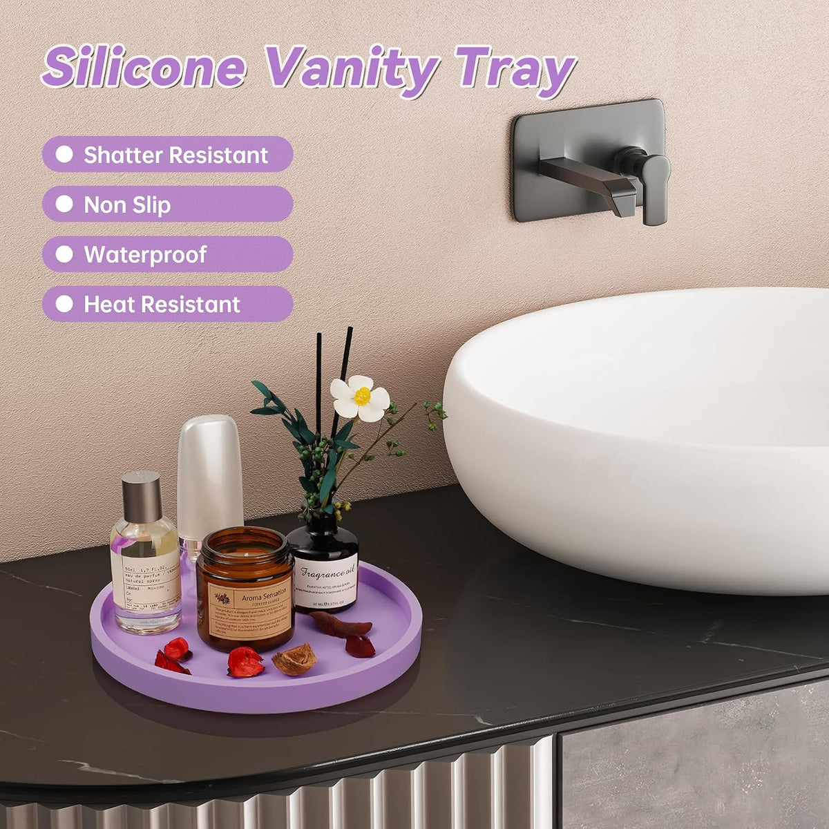 NiHome Silicone Bathroom Vanity Tray Round Perfume Organizer 8.35in Purple