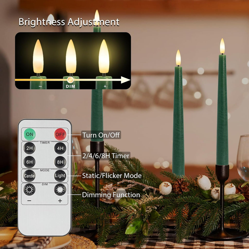 Green Flameless Candles, 9.6" Real Wax Taper Battery Opearted Candles with Remote, 6 Pack Flickering LED Candlesticks with 3D Wick, Classic Tall Taper Candles for Home, Party, Christmas Decor