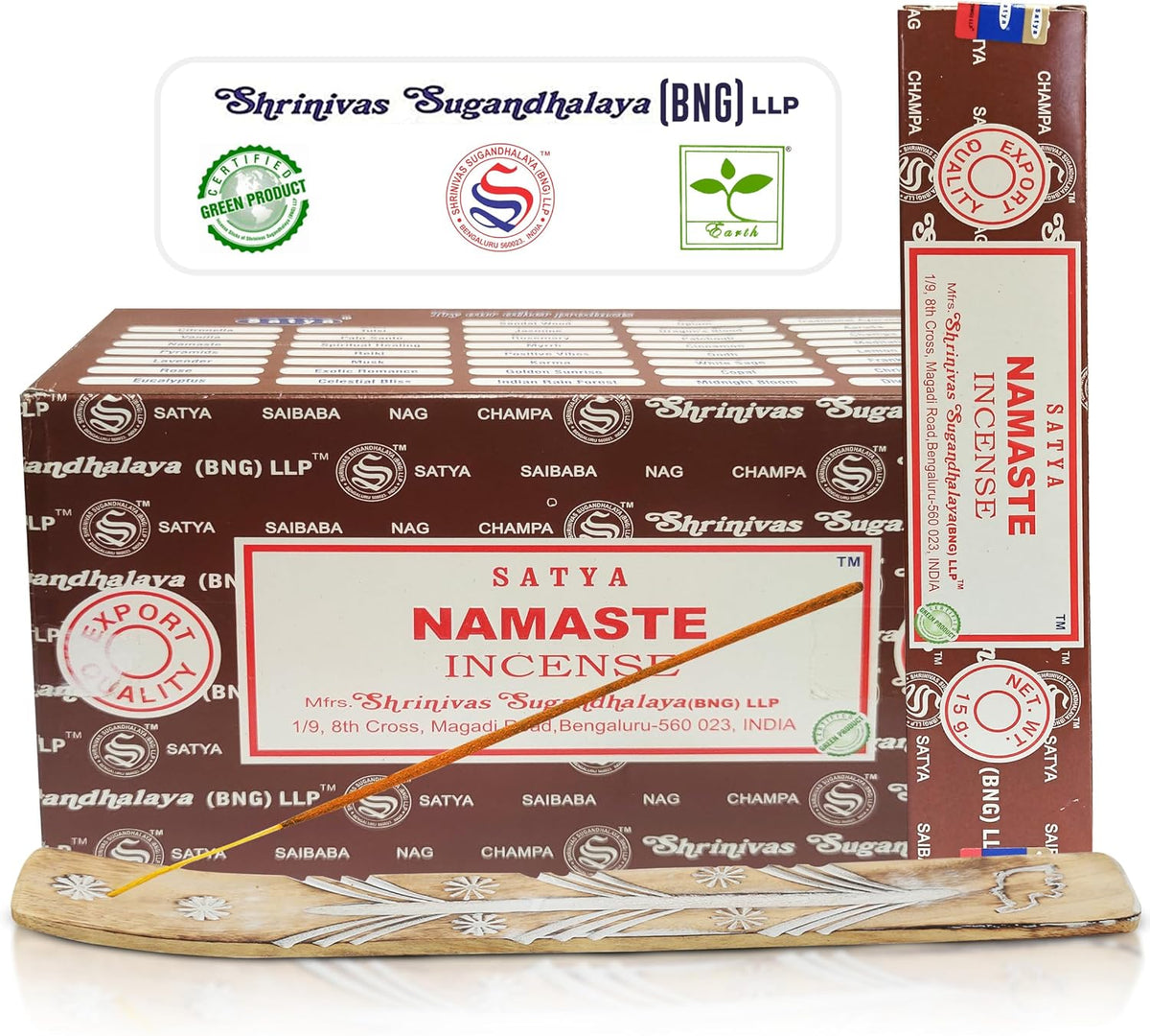 Satya Namaste Incense Sticks, Satya Bng (Bangalore) Insenses 15gmx12 Pack with Raajsee Incense Holder Bundle, Satya Nagchampa Natural Incense