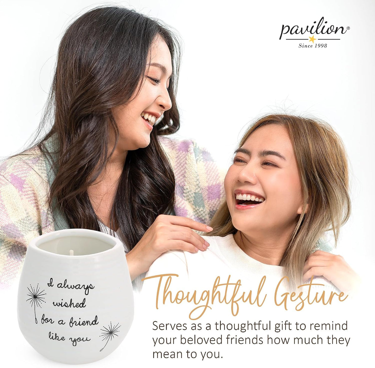Pavilion - 8 Oz Candle Holder - White Ceramic Candle Jar with 100% Soy Wax Candle Cotton Scent "I Always Wished For A Friend Like You" Ideal Gift for a Friend - Printed Text, Love Theme & Oval Shape