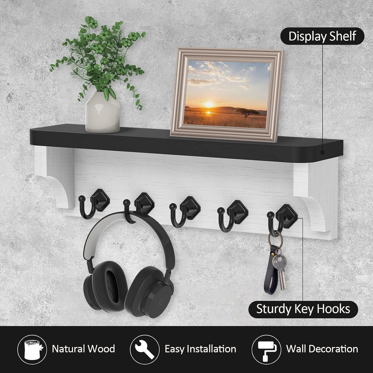 Nekon Key Holder for Wall, 11.8" W x 3.5" H x 2.8" D Wall Shelf, Black
