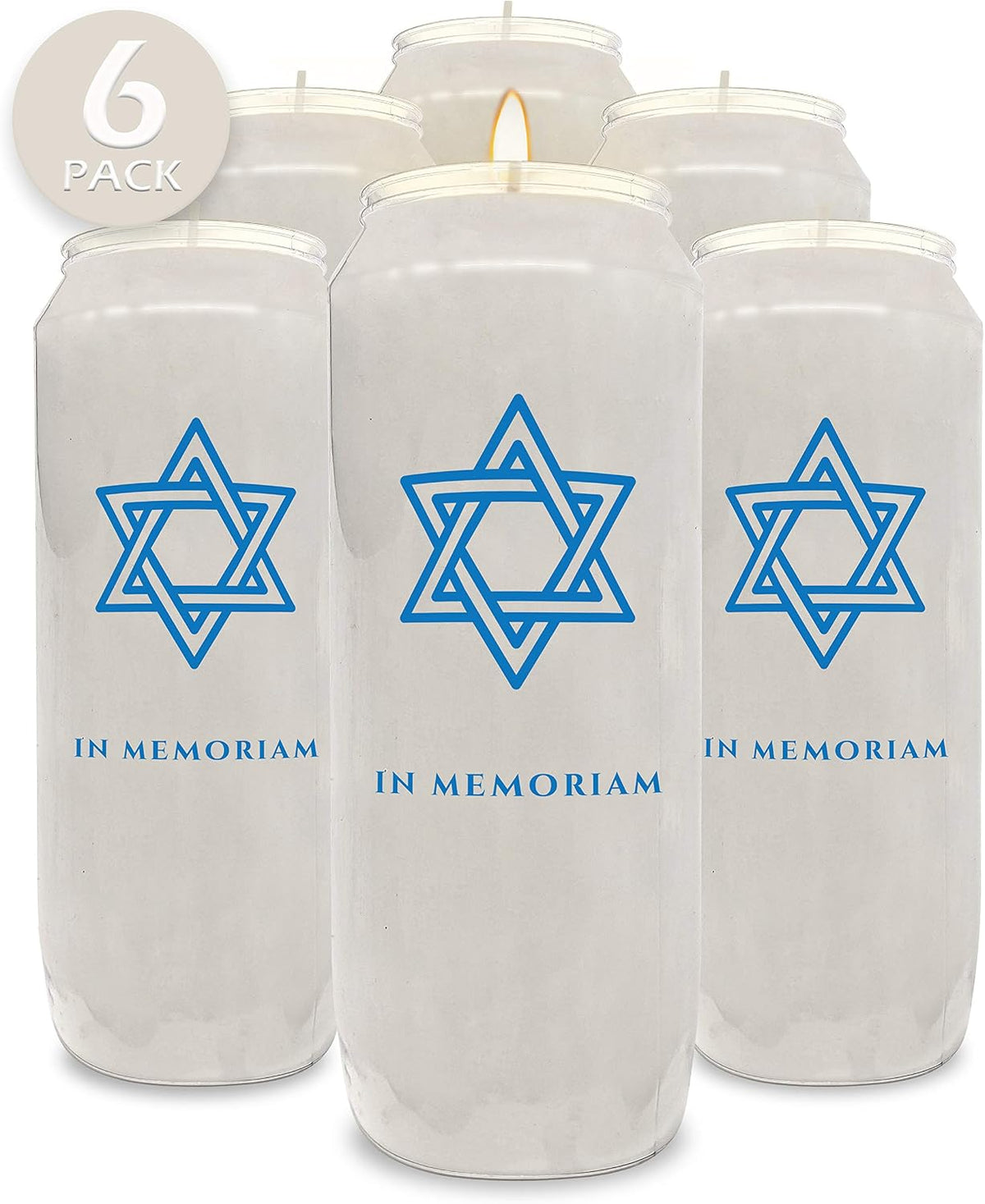 9 Day Memorial Candles, 6 Pack - Plastic Jar with Star of David - 7” Tall Pillar Candles for Religious, Prayer, Party Decor, Vigil and Emergency Use - By Ner Mitzvah