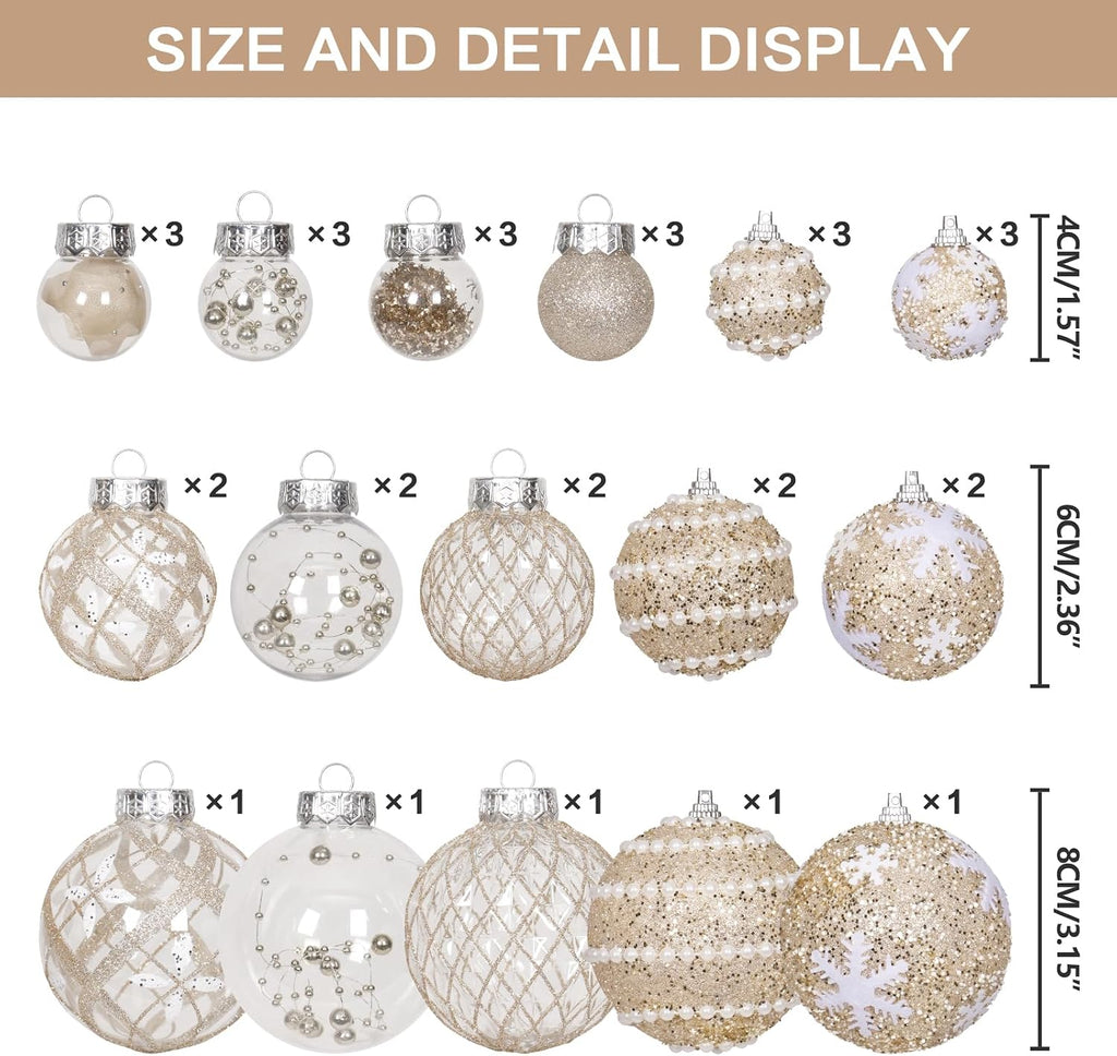 33PCS Champagne Christmas Ball Ornaments Set for Xmas Tree Decorations