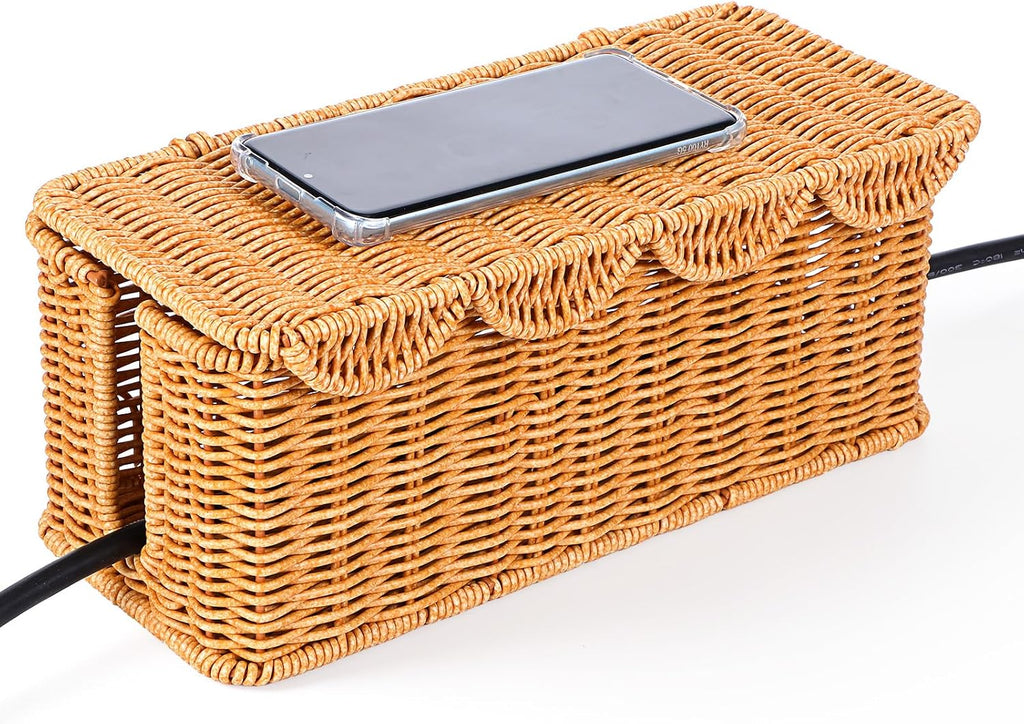Large Rattan Cable Management Box, Handwoven Cord Hider Box with Lid, 2-Slot Under Desk Organizer for Power Strip, TV Wires, Computer Router & USB Hub, 11.8" x 5.1" x 5.1"