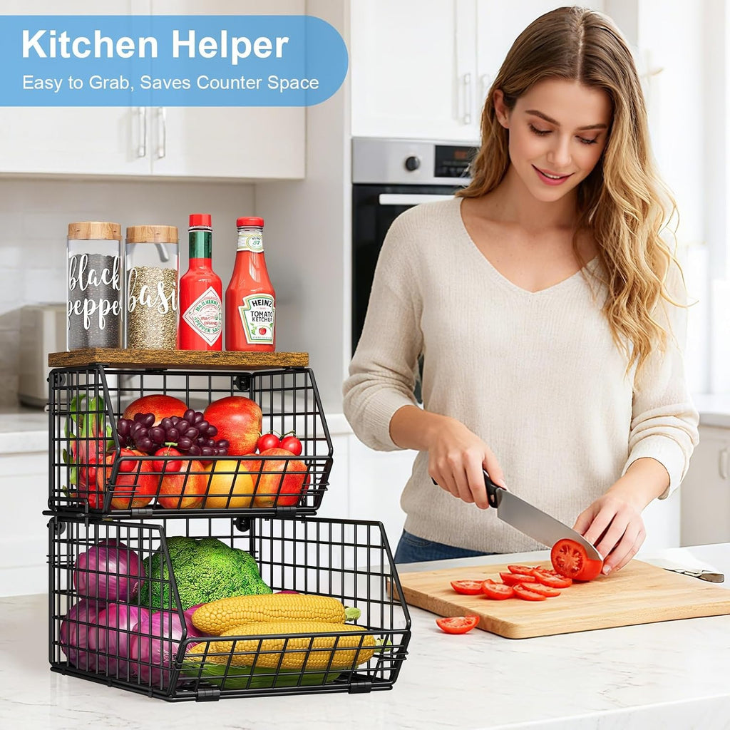 Potato and Onion Storage Bin with Wooden Top, 2-Tier Stackable Wire Basket