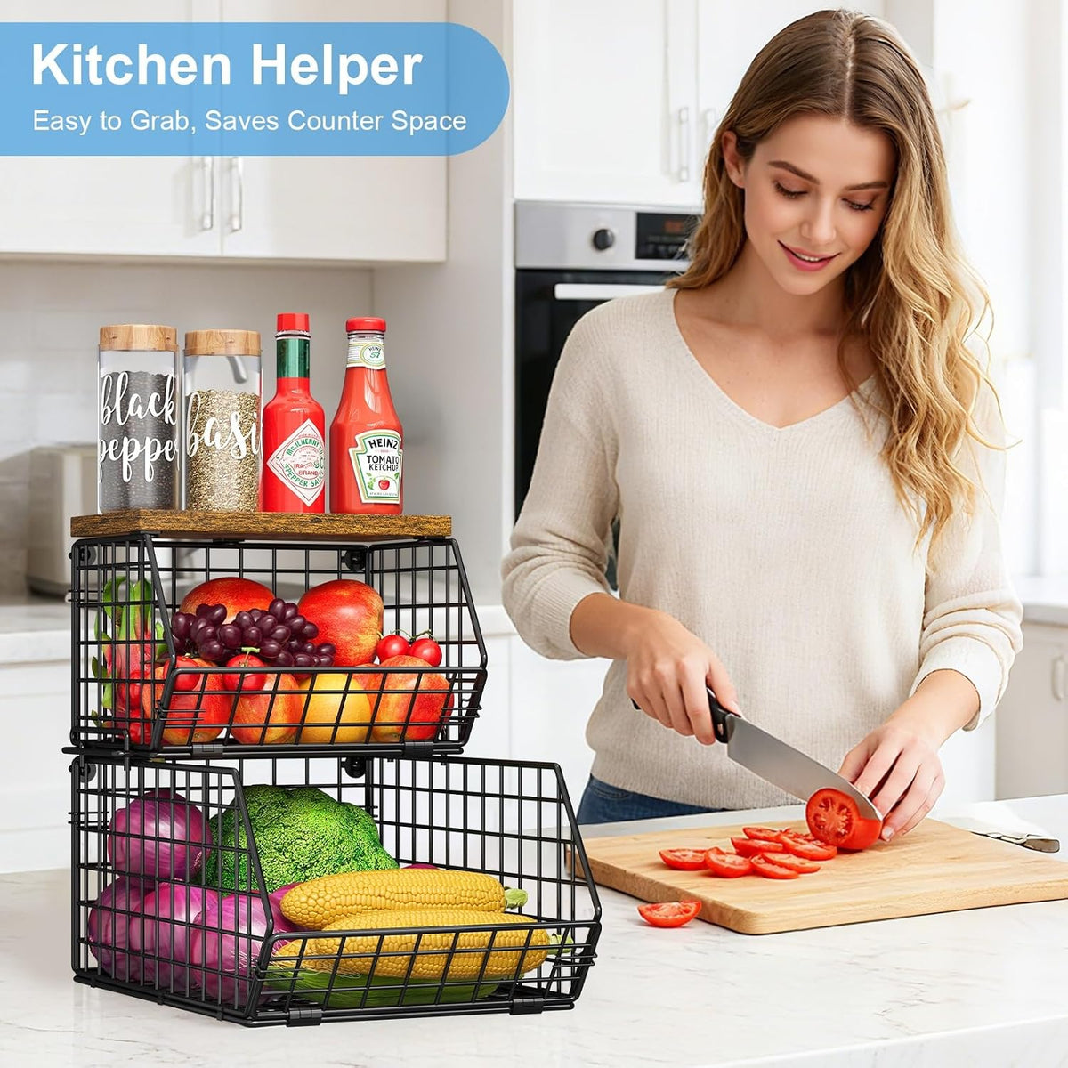 Potato and Onion Storage Bin with Wooden Top, 2-Tier Stackable Wire Basket