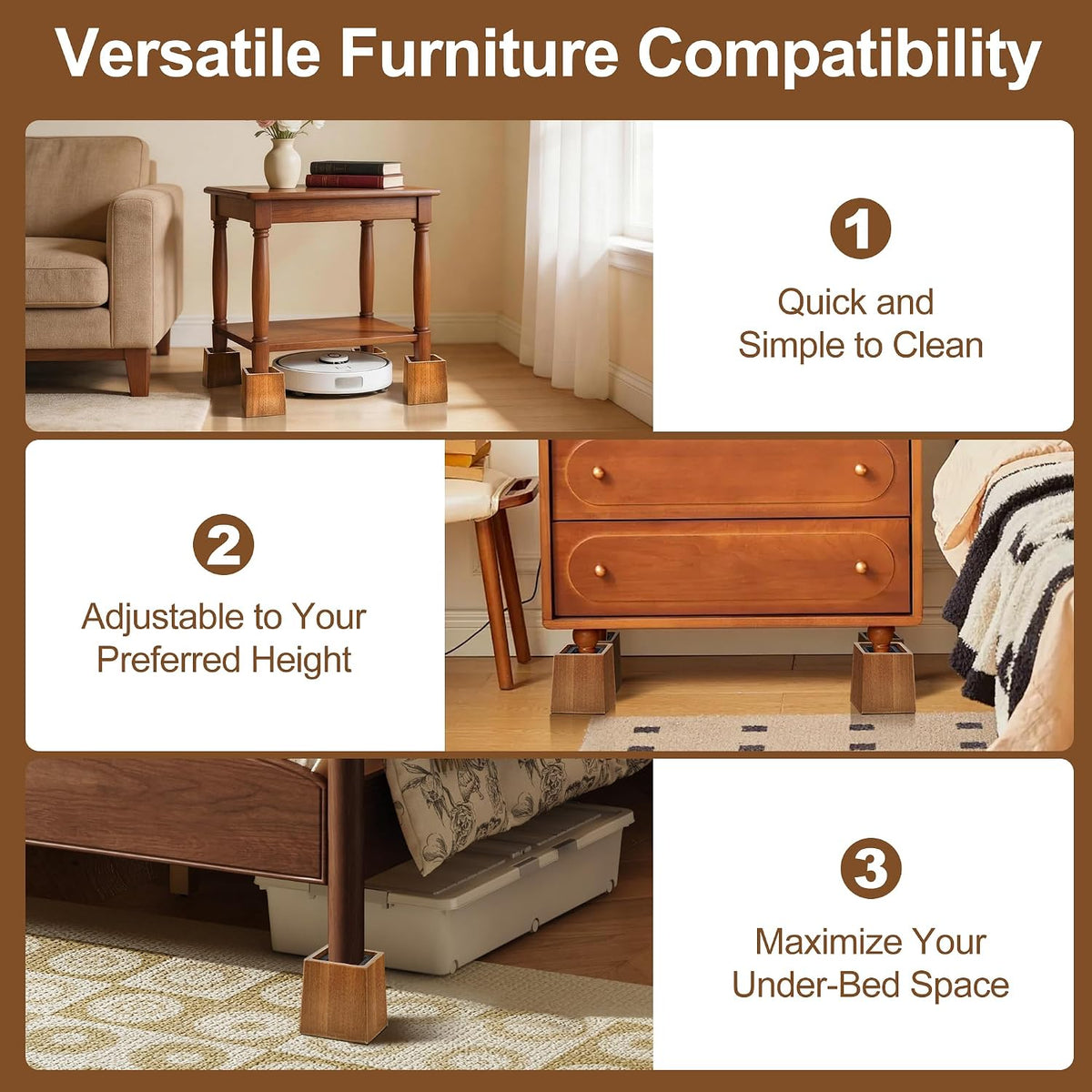 Wooden Bed Risers 5 Inch Heavy Duty, Support 2500 lbs, Brown