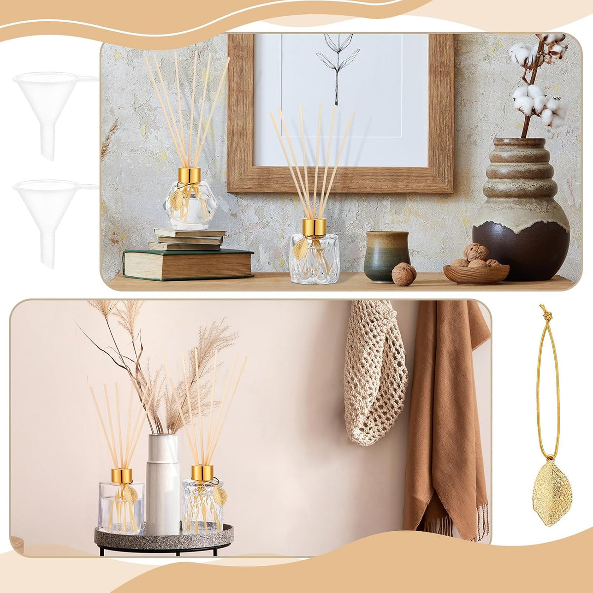 6 Pcs Reed Diffuser Gift Set Empty Reed Diffuser Bottle and 30 Pcs Sticks with Metallic Leaves Decoration Funnels 3.4 oz Fragrance Glass Prismatic Bottles for Essential Oil DIY Home Office, 6 Styles