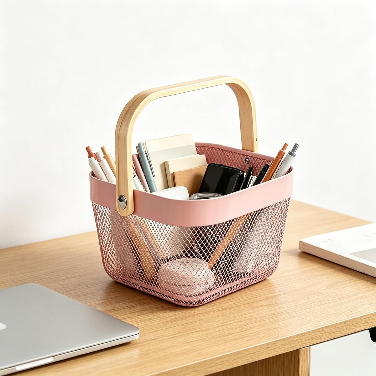 AJIODA Metal Mesh Wire Basket, Small Steel Basket with Wooden Handle Storage Organizer Basket Multi-functional Hanging Kitchen Baskets Fruit Baskets for Kitchen Bathroom Cabinet Pantry, Rose Pink