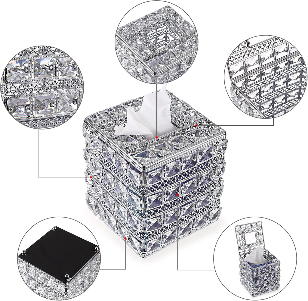 Sumnacon Crystal Square Tissue Box Cover - Sparkling Cube Glass Tissue Box Holder, Decorative Facial Tissue Holder for Bedroom Bathroom Dresser Night Stand Table Countertop Home Decor, Silver