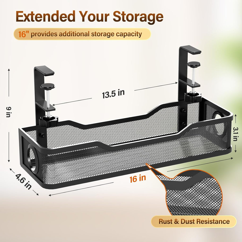 Under Desk Cable Management Large, Cinati 16" Cable Management Box for Table Thickness up to 3", Wire Cord Organizer with Clamp No Drill, No Damage to Desk (Black)