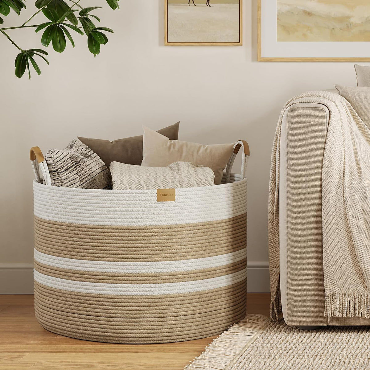 Nunsino 115L Blanket Basket with Leather Handles,Laundry Basket,Brown White
