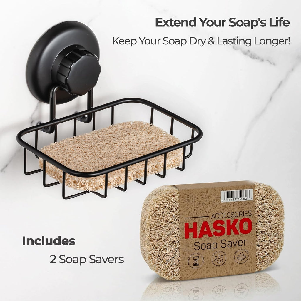 HASKO 2 Pack Suction Cup Soap Dish for Shower Wall, Rustproof Stainless Steel, Shower Soap Holder with Hooks, Includes Optional No Drill Adhesive Mount for Bathroom, 2 Soap Savers, Black