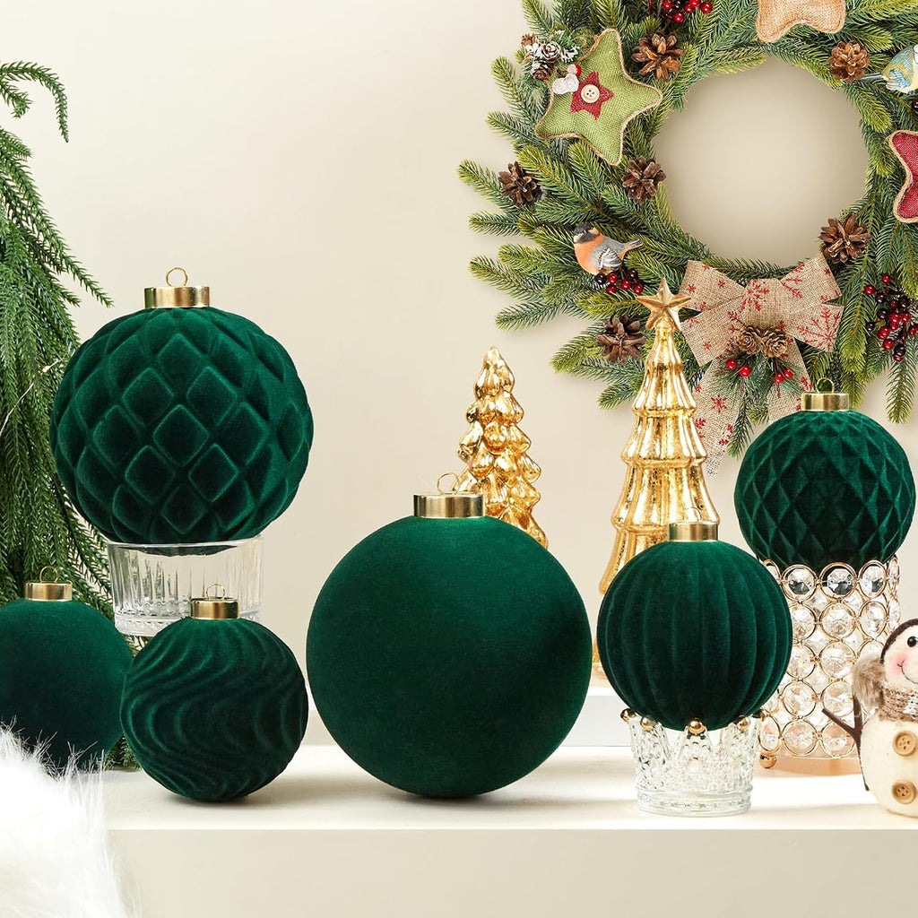 Large Velvet Christmas Ball Ornaments - 4 Inch Flocked Christmas Balls Shatterproof Decorative Hanging Ornaments Set for Xmas Tree Holiday Wedding Party Decor (Dark Green, 4pcs)