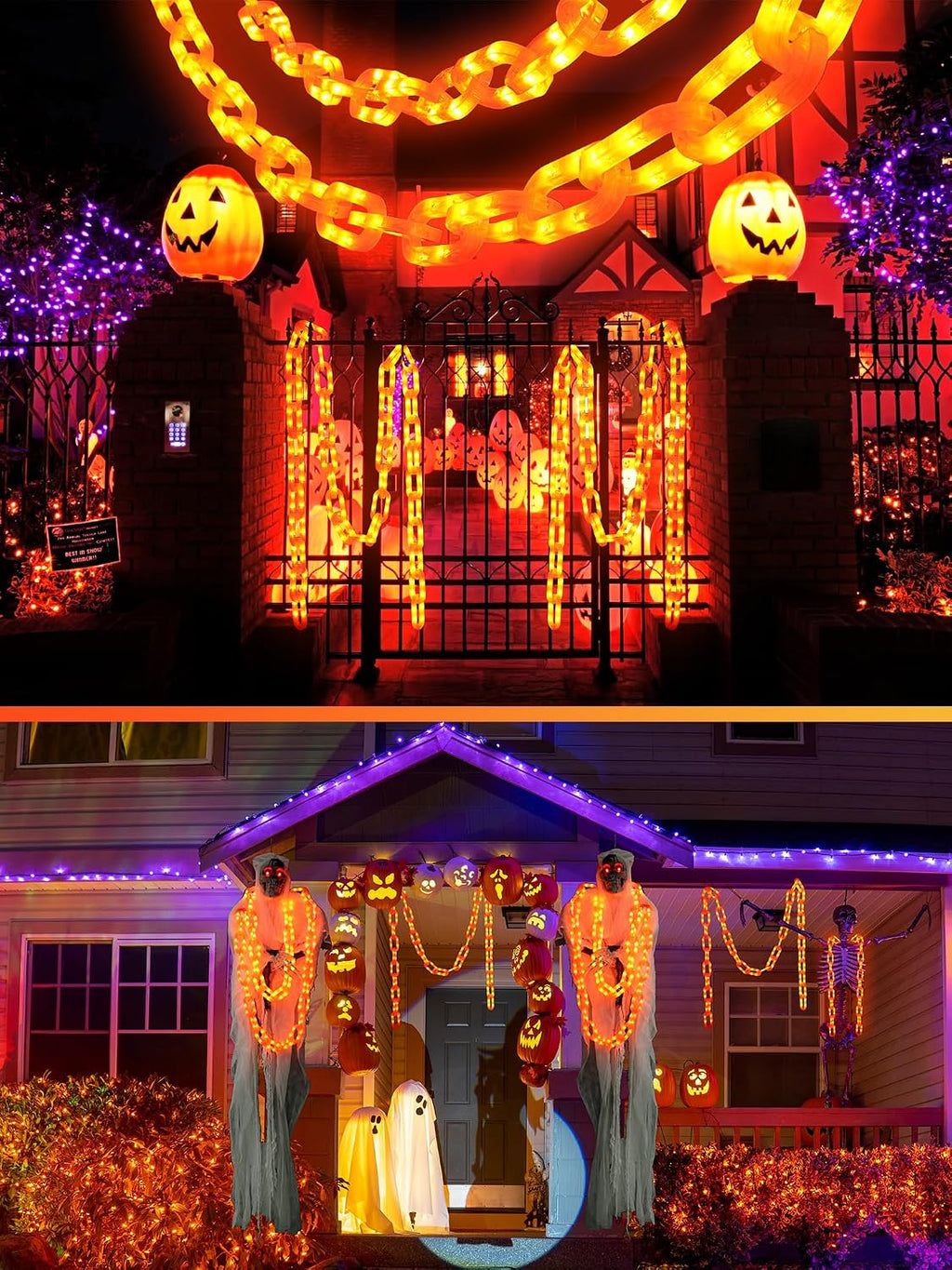 Solar Halloween Chain Lights - 10 FT 160 LED Orange Light-Up 8 Modes Memory