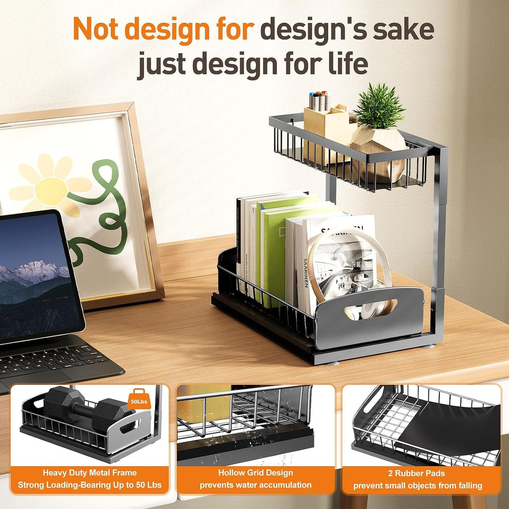 Under Kitchen Sink Organizer, Metal Pull Out Bathroom Organizers and Storage, 2-Tier Cabinet Organizer Shelf with Sliding Drawer, Home Organization for Kitchen, Laundry, Pantry, Dark Grey, 2 pack