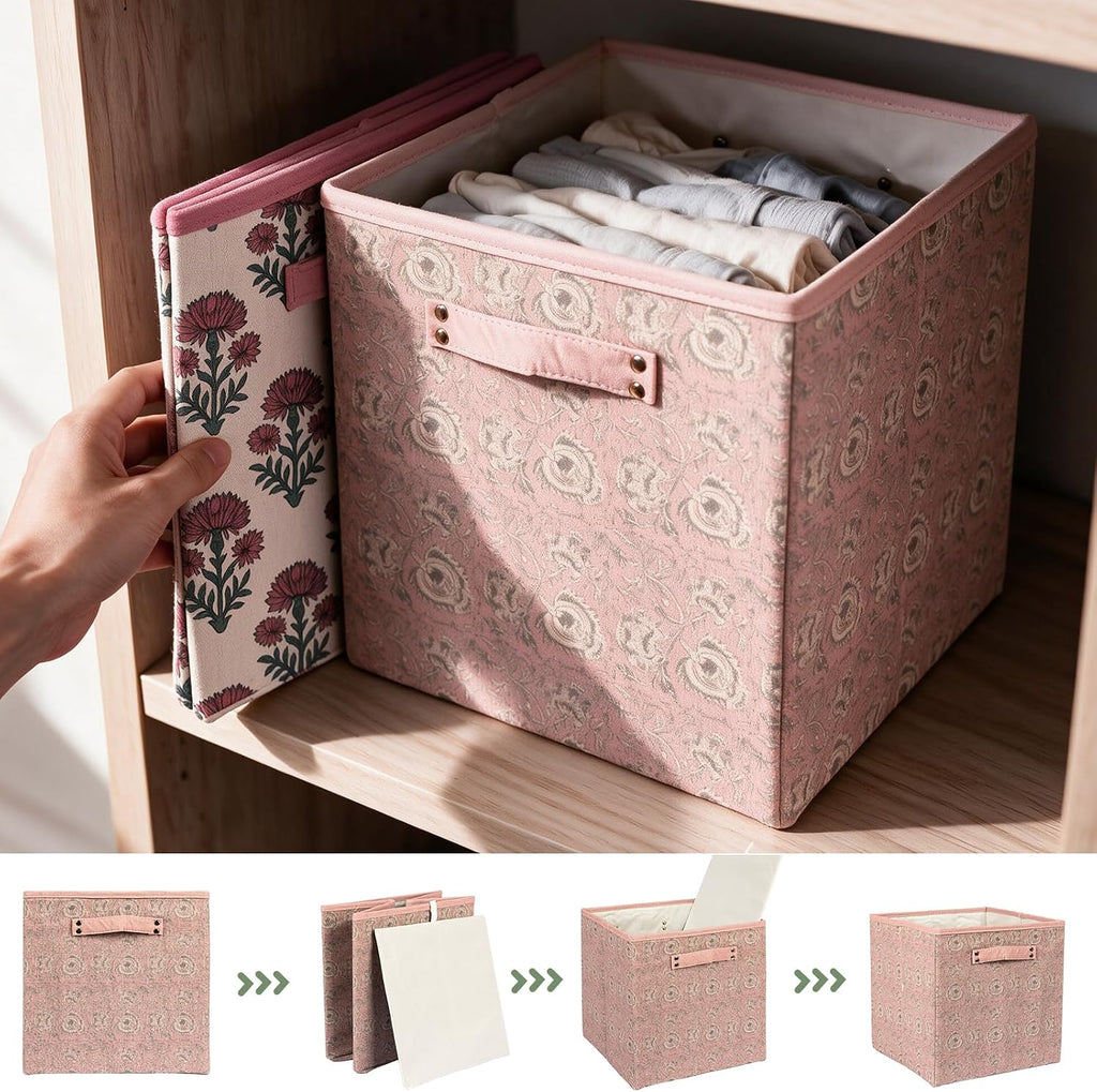 6 Pcs Pink Fabric Vintage Cube Storage Bins 11Inch Storage Basket with Handle, Linen Collapsible Fabric Box for Classroom Bedrooms Office Home Decoration (Pink and beige)