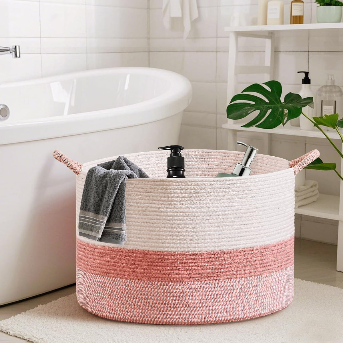 CLHMILY&Z Large Cute Pink Basket - 20x13 Inches - Blanket Hamper for Living Room, Round Storage Bin, XLarge Laundry Organizer for Clothes, for Tree Plant, Mix Brown