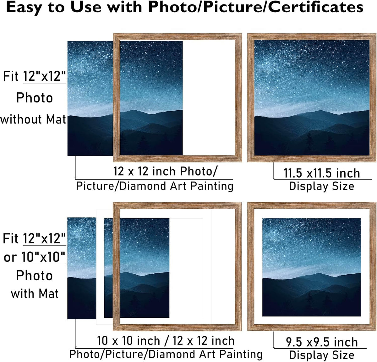 JCJMY 12x12 Picture Frame Set of 2 With 10x10 Mat for 30x30cm Diamond Art Painting, Display Photo 10x10 With Mat or 12x12 Without, Wall Hanging Large Frame With Plexiglass, 2 Pack, Rustic Brown