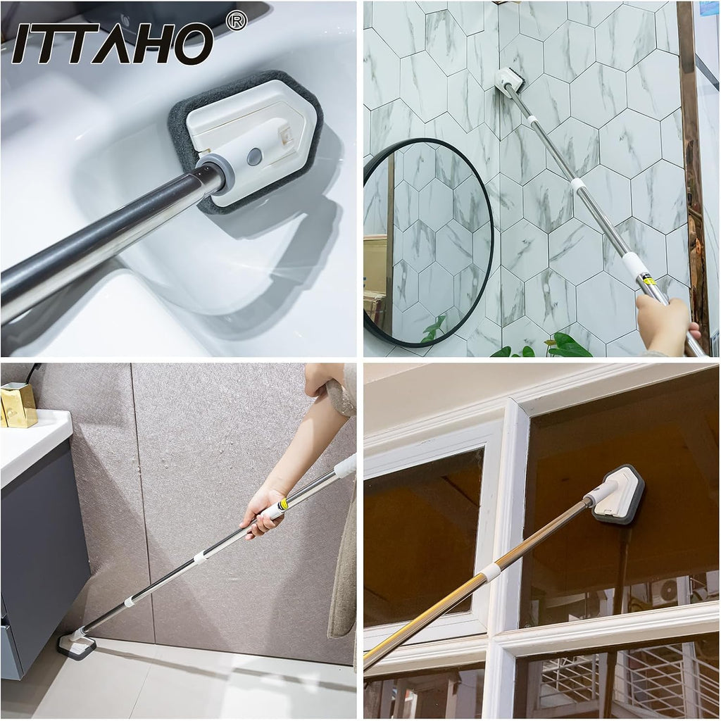 Shower Tile Tub Scrubber Brush with 4 Cleaning Heads,Floor Scrub Brush with 56''Long Handle, Shower Cleaner Brush & Grout Cleaner Brush Set for Shower,Tile, Tub, Bathroom,Kitchen,Walls,Sink