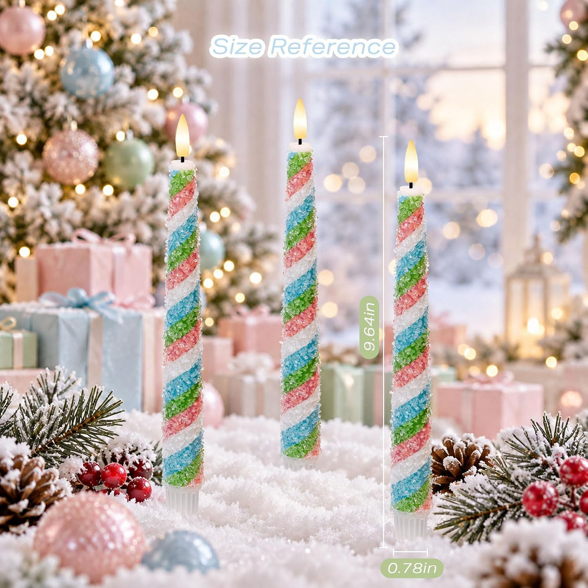 Candy Cane Flameless Taper Candles with Remote, Pastel Christmas Decoration