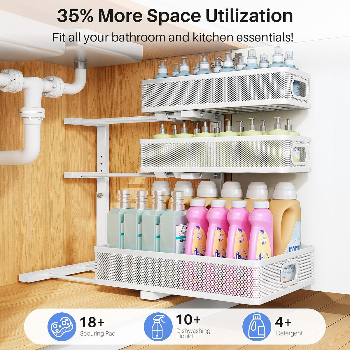Under Sink Organizer, 3-Tier Thickened Metal Pull out Cabinet Organizer Shelf, Height Adjustable Slide out Storage Drawer Rack for Kitchen Bathroom Pantry Laundry Home Organization, 2-Pack, White
