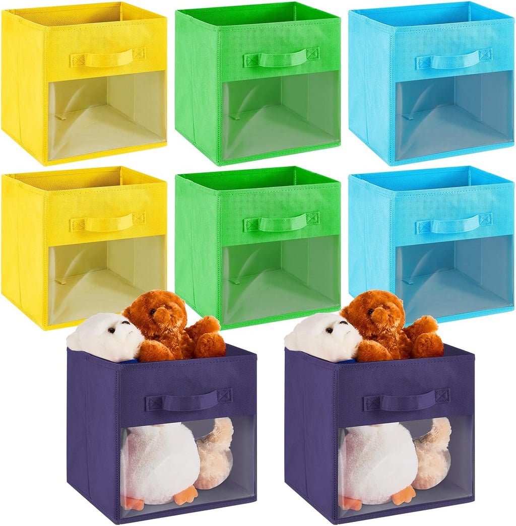 Marsui 8 Pcs Cube Storage Bins with Clear Window 11'' Daycare Storage Cube Organizer Bins for Closet Kid Nursery Playroom with Handle Fabric Collapsible Storage Cubes(Dark Blue, Yellow, Green, Blue)