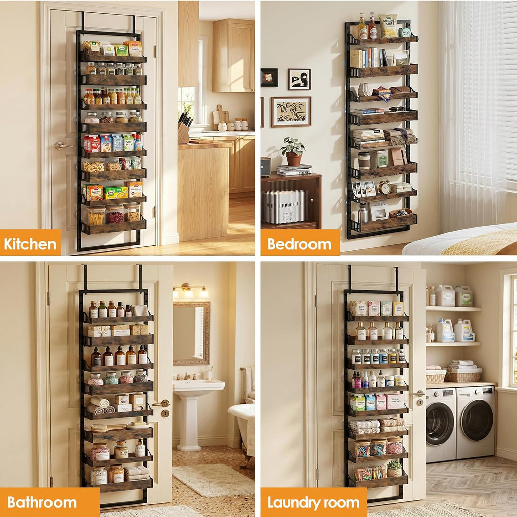8 Tier Over The Door Pantry Organizer, Adjustable Basket, Brown