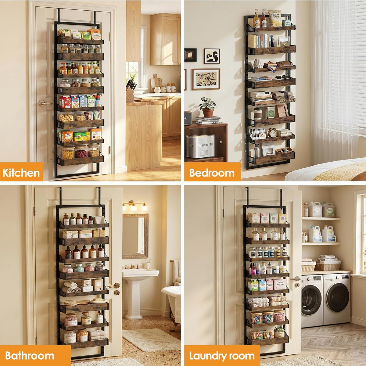 8 Tier Over The Door Pantry Organizer, Adjustable Basket, Brown