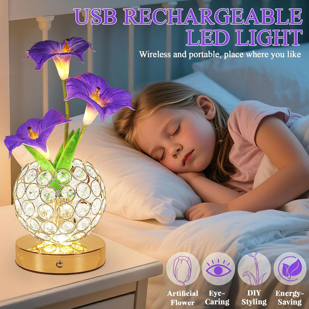 Flower Table Lamp, 3 Colors Touch Stepless Dimming Crystal Night Light, Rechargeable Artificial Morning Glory Light, LED Flower with Vase Lamp Romantic Decor for Date Party Home (Morning Glory-Purple)