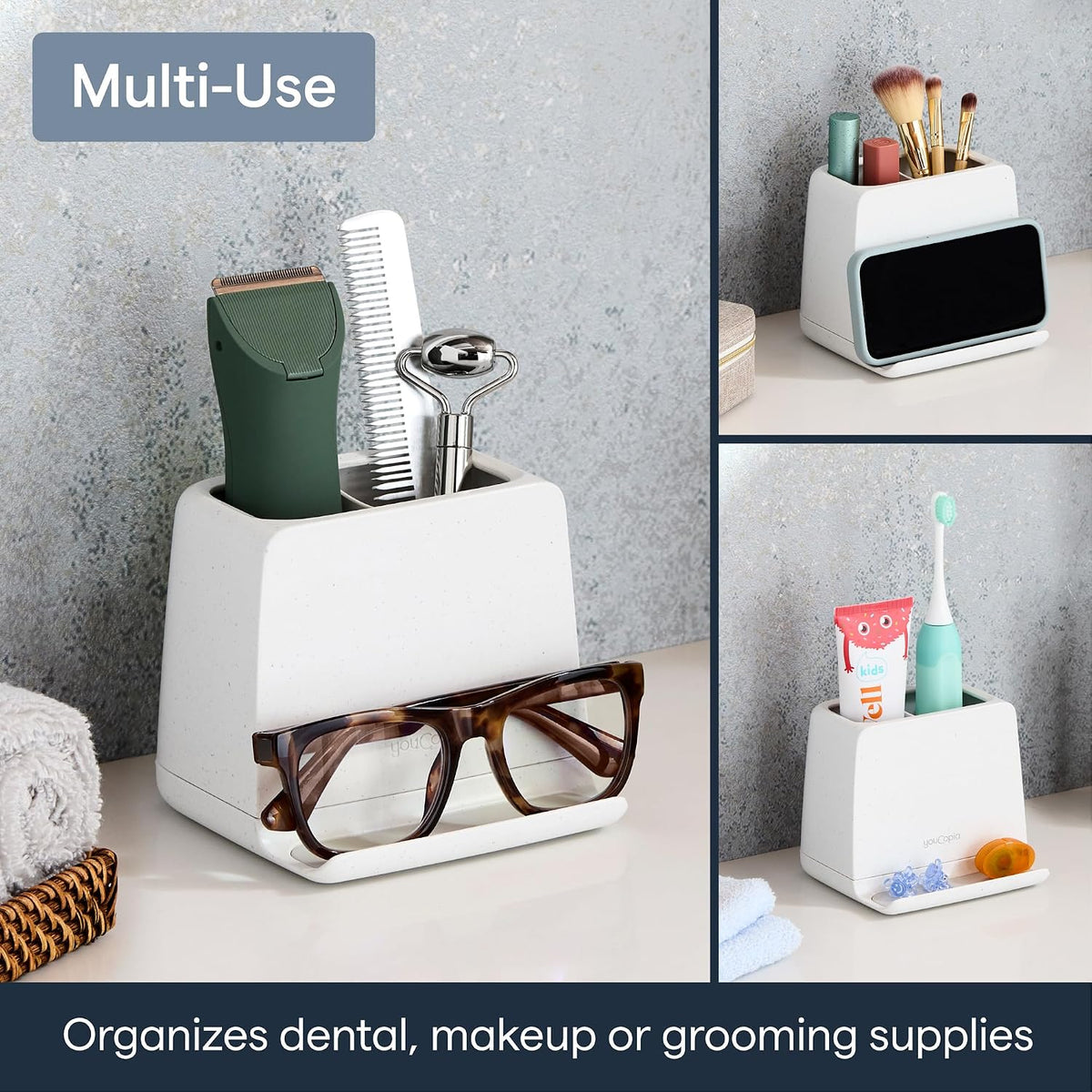 YouCopia The Ledge Toothbrush Holder, 2-Slot, Bathroom Vanity Counter Organizer with Cord Slots, Removable Base and Storage for Phones, Toothpaste and Accessories