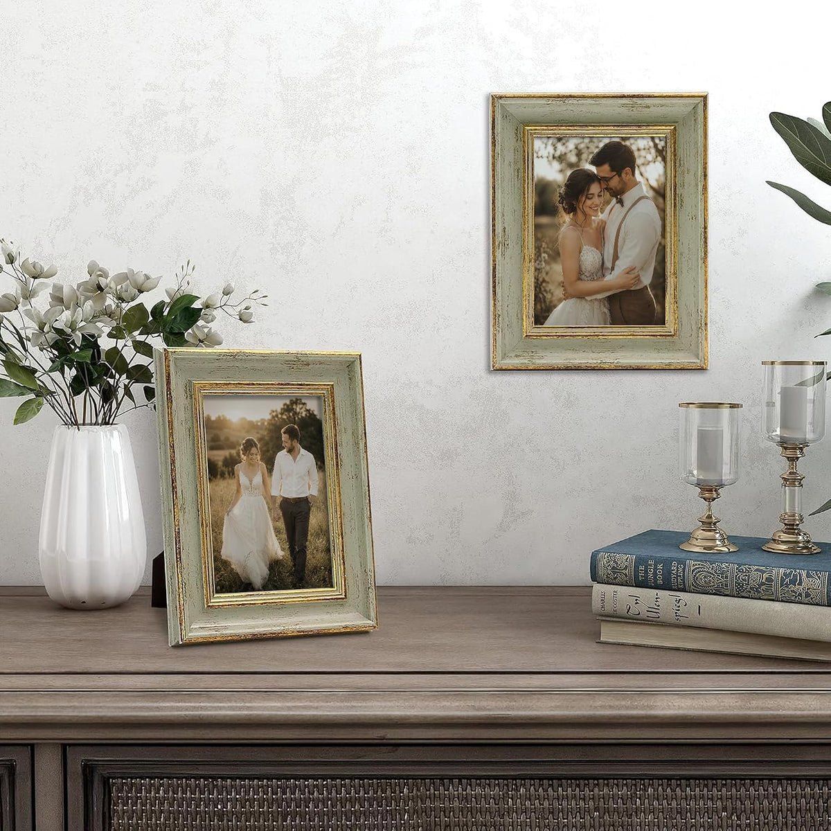 Sapowerntus Vintage 5x7 Picture Frame Gold Line Sage Green Photo Frames