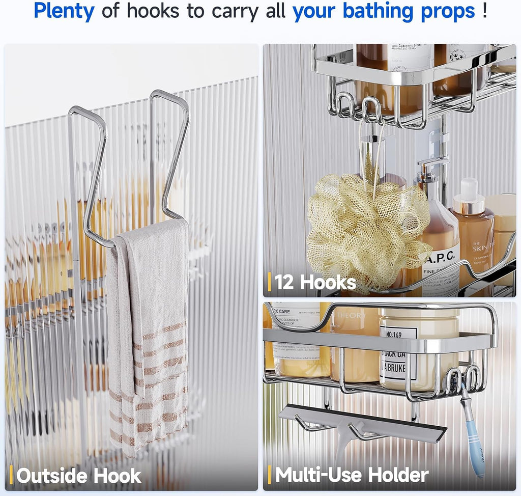 Skyapex Shower Caddy Over the Door Organizer: Bath Rack Hanging Over Glass with Hooks - Storage Shelf Inside Bathroom for Shampoo - Sliver