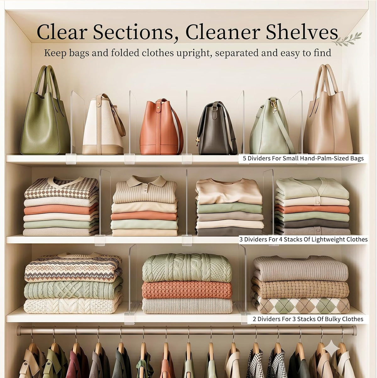SortNStore Shelf Dividers Purse Organizer for Closet: Acrylic Clear 6 Pack