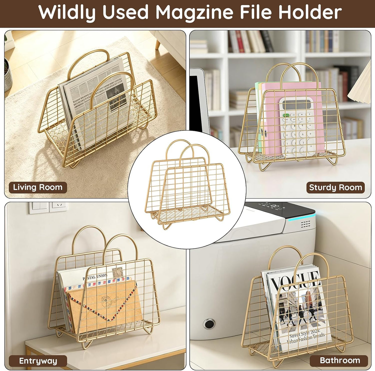 Gold Magazine Holder,Modern Magazine Rack Floor,Metal Wire Magazine Basket