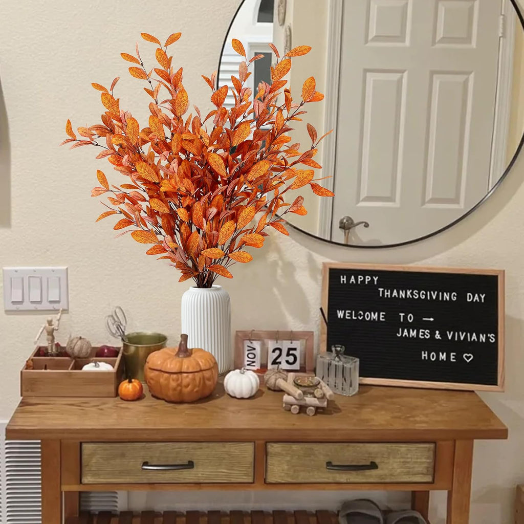 Sggvecsy 6 Pcs Artificial Fall Eucalyptus Stems Fall Eucalyptus Leaves Silk Autumn Leaf Branches Fall Decorations for Home Vase Thanksgiving Table Centerpieces Harvest Festival Decor (Orange)